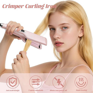 Crimper Curling Iron, 5 Adjustable Temp Wave Curling Iron, Fast Heating Curling Wand with LCD Display, 2 Barrel Hair Crimper Wand, Anti-Scalding Anti-Tangle Ceramic Hair Waver for Hairstyle (Pink)