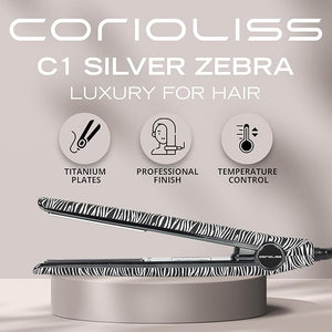 Corioliss C1 Flat Iron Hair Straightener Professional Titanium Plates Temperature Control Travel Case (Zebra Silver)