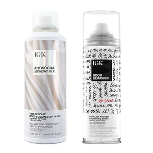 IGK Hair Treatment Full Size Set | Antisocial Dry Hair Mask + Good Behavior Spirulina Spray | Overnight Bond-Building + Keratin Like Smoothing Spray | Set of 2 - New and Improved Scent