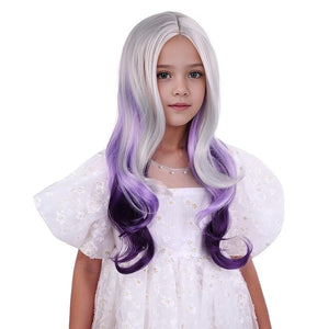 Silver Gray Ombre Purple Wig for Child Girls Long Grey Ombre Purple Middle Part Wig Kids Silver Gray to Wavy Curly Wigs Heat Resistant Synthetic Wigs with Cap