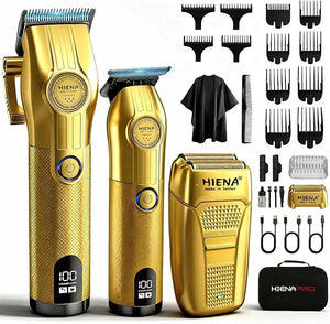 HIENA PRO Clippers and Trimmers Set - Cordless Hair Clippers for Men Hair Trimmer &amp Foil Shaver Hair Cutting Kit with Travel Bag Barber Clippers Set with Cape for Home/Barber (Gold)