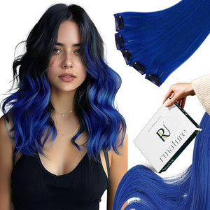 RUNATURE Clip in Hair Extensions Blue Real Human Hair Clip in Extensions 18 Inch Hair Extensions Clip ins Blue Hair Extension Real Human Hair Remy Natural Hair Easy to Apply 25g 5pcs