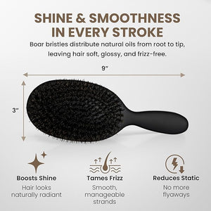 Professional Paddle Hair Brush ? Large Black Cushion Brush with Tourmaline Nylon and First Cut Boar Bristles for Gentle Detangling &amp Natural Shine ? Premium Salon Tool for All Hair Types
