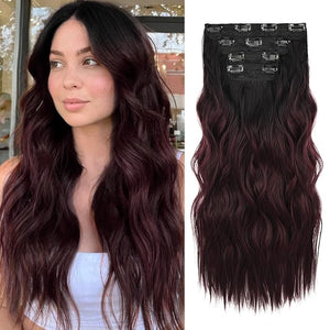 REECHO Hair Extensions 4PCS Clip in Hair Extensions HE001 Natural Soft Synthetic Hairpieces for Women Dark Burgundy