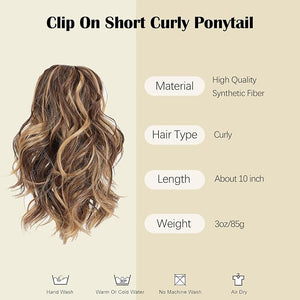 Claw Clip Ponytail Hair Extension / 10 Inch Synthetic Short Wavy Curly Fake Ponytails/Clip In On Pony Tail Hairpieces For Women (Medium Brown)