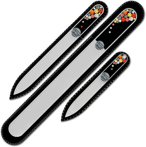 Mont Bleu Set of 3 Glass Nail Files Hand Decorated with Crystals - in Black Velvet Sleeve - Genuine Czech Tempered Glass - Handmade Crystal Nail Files