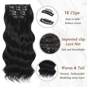 Vigorous Clip in Hair Extensions Black Long Wavy Hairpieces 20Inch Hair Extensions Clip Ins Soft Synthetic Hairpieces for Women (7Pcs)