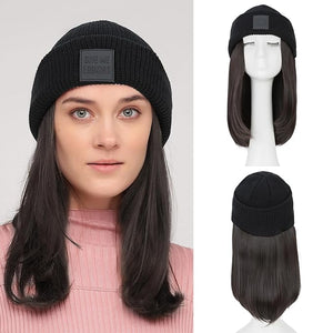 S-noilite Beanie Wig Hair Extensions11 Inch Short Straight Hair Extensions with Knitted Hat Hairpieces for Women Winter Medium Brown