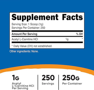Nutricost Acetyl L-Carnitine (ALCAR) 250 Grams Powder - 1G Per Serving - 250 Servings