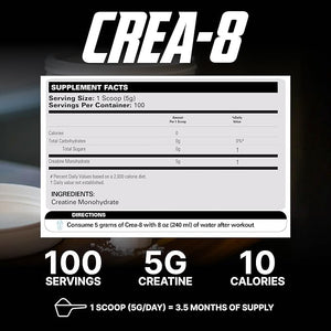 EHP Labs CREA-8 Micronized Creatine Monohydrate Powder - Unflavored Creatine Powder for Muscle Growth Increased Strength Enhanced Energy Output and Improved Performance - 100 Servings (500g)