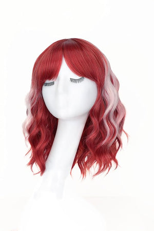 AISI HAIR Red Mix Pink Synthetic Wavy Curly Bob Wig with Bangs Short Wavy Hair for Women Synthetic Heat Resistant Bob Wigs