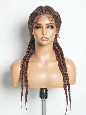 GORGIUS Chocolate Brown Box Braid Wig Pre Plucked Pre Braided Synthetic Lace Front Wig Handmade 4 Twisted Cornrow Braiding Wig For Women
