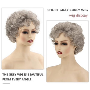 SEVENCOLORS Short Grey Curly Wigs for White Women Natural Wavy Gray Grandma Wig Halloween Costume Synthetic Hair Wigs for Old Lady
