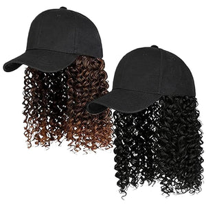 Hat With Hair Hat Wig 16 Inch Baseball Cap Wig Curly Hair Wig Adjustable Hat With Hair Attached Synthetic Wig Wavy Hair Extensions Hairpiece For Women Black