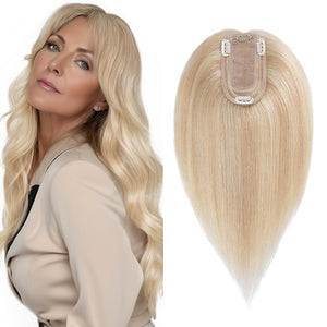 SEGO Real Human Hair Topper for Women without Bangs Hair Topper with Anti-Slip Clips (16 Inches Ash Blonde Mix Bleach Blonde)