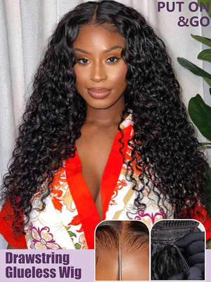 YIROO Bye Bye Knots Glueless Water Wave and Jerry Curly Drawstring Wig Human Hair 7x5 Pre Cut Lace Front Glueless Wigs Pre Bleached Pre Plucked Wear and Go Wig for Women 150% Density 16Inch