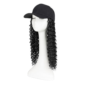 TESS Black Baseball Cap with 20'' Long Coily Synthetic Hair Extensions for Women and Girls - Adjustable &amp Breathable Wig Cap for Daily Use Outdoor Activities