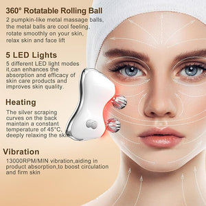 Electric Gua Sha Facial Tools Facial &amp Body Massager Tools with Heat and Vibration MEBAO 5 LED Lights Gua Sha Device with 2 Metal Roller for Eyes Neck Face