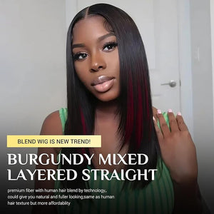 TESLAL Burgundy Mixed Black Wig Wear and Go Glueless Human Hair Blend Wig Pre Cut HD Lace 6X6 Layered Straight Wigs For Women 260% Density Synthetic Mixed Human Hair Wigs By Crafted Technology 26Inch