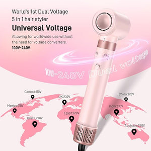 Dual Voltage Hot Air Styler Wrap - 6 in 1 Hair Dryer Brush with Fast Drying Blow Dryer Styling Straightening &amp Volumizing with Travel Bag (100V?240V)