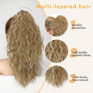 ORSUNCER Claw Clip Ponytail Extension Wavy Pony Tails Hair Extensions Layered Fluffy Clip on ponytails for Women Synthetic Hairpieces Dark Blonde Highlight