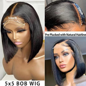 Karlami Bob Wig Human Hair Frontal Lace Wig Glueless Wigs Human Hair Pre Plucked Transparent Bob Lace Front Wigs for Women 150% Density (5x5 Straight Bob Wig Black Color 8 Inch)