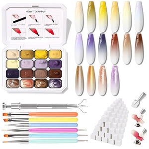 Sponge Pat Paint Nail Gel Ombre Nails Gradient Gel Nail Blush Blooming Aura Nails Drawing Stripper Floral Painting DIY Nail Art No Wipe UV/LED Curing (16 Colors K)