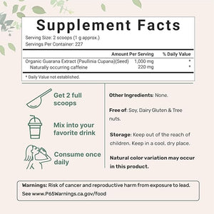 Micro Ingredients Organic Guarana Powder 1000mg Per Serv 8 Ounces | 220mg Natural Caffeine Energizer Brazilian Herbal Extract Raw Bulk Superfood Coffee Substitute Vegan Friendly &amp Non-GMO