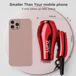 LURA Mini Portable Travel Hair Dryer:Dual Voltage Small Lightweight Blow Dryer with EU Plug1200W Compact Hairdryer with Folding Handlewith Concentrator&ampDiffuser Attachmentfor Women and Men(Red)