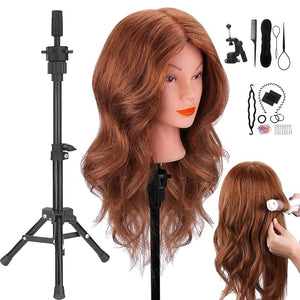 Mannequin Head with Human Hair 18 inch Mannequin Head with Tripod Stand Real Hair Cosmetology Makeup Hairdressing Training Head with Wig Stand Tripod Doll Head for Hair Styling Training with Table