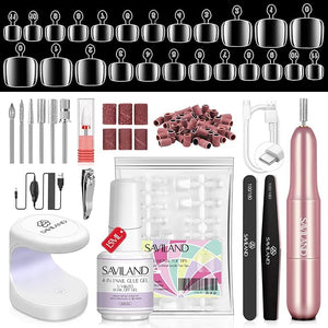 SAVILAND Toe Nail Tips and Glue Gel Kit - Gel Nail X Kit for Toes Poly Press On Toes Nails Kit with Nail Drill 500 Pcs Fake Toenails Tips with Nail Glue Acrylic Nail Kit Nail Lamp Salon At Home Gift