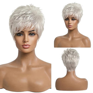 Silver Gray Short Real Hair Wigs Pixie Cut with Bangs Wigs Human Hair Breathable Lightweight Glueless Design for Natural Everyday Use (Silver Grey)