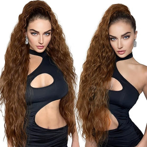 HOOJIH Ponytail Extension, 34 Inch Extra Long Drawstring Ponytail Clip in Pony Tails Hair Extension Flurry Wavy Ponytails Soft Upgraded Synthetic Fiber Fake Ponytail - Chocolate Brown