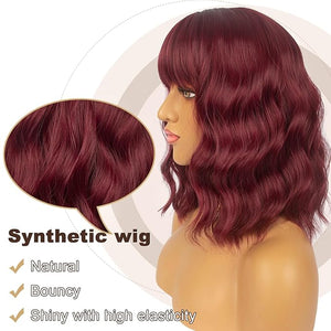 Short Bob Wigs with Bangs for Women Loose Wavy Wig Curly Wavy Shoulder Length Bob Synthetic Cosplay Wig for Girl Colorful Costume Wigs (Auburn)