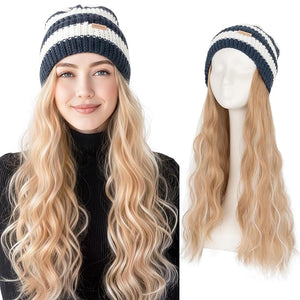 SEGO Beanie Wig for Women Hat with Hair Extensions Cap with Hair Attached for Women Synthetic 18 Inch Wavy Curly Hairpiece Winter Warm Blue and White Knitted Hat Wigs 18P613
