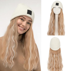 S-noilite Beanie Wig with Hair18 Inch Long Wavy Hair Extensions with White Knitted Hat Hairpieces for Women Winter Ash Blonde mix Bleach Blonde