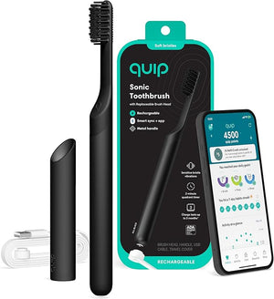 Quip Rechargeable Smart Sonic Toothbrush for Adults - Timed Electric Toothbrush with Bluetooth &amp; Rewards App - Replaceable Brush Head, Soft Bristles, Metal Handle - Travel Toothbrush - All-Black