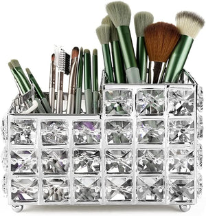 LUEXBOX Crystal Makeup Brush Holder, One-Piece Square Brush Organizer, Cosmetics Brush Storage Container for Table, Dresser, Bathroom, Bedroom Organization (Silver)