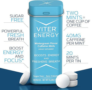 Viter Energy Caffeinated Mints 40mg Caffeine B Vitamins Sugar Free. (Wintergreen 20pcs 6 Pack)