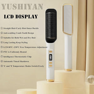 110V Negative Ion Hair Straightener Styling Comb, 2 in 1 Hair Straightener Comb and Curling Comb for Dry Hair and Wet Hair, Fast Heating,Anti-Scald, Professional Hair Care (Elegant White)