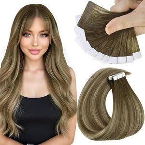 Sunny Hair Tape in Hair Extensions Real Human Hair Invisible Remy Hair Extensions Tape ins for Women Cool Brown Ombre Light Brown Balayage Medium Blonde 22 inch 25G