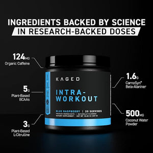 Kaged Intra-Workout Powder In-Kaged BCAAs L-Citrulline &amp Beta-Alanine for Endurance 124mg Organic PurCaf Caffeine Coconut Water Powder 20 Servings Blue Raspberry