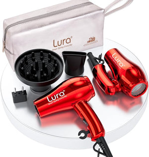 LURA Mini Portable Travel Hair Dryer:Dual Voltage Small Lightweight Blow Dryer with EU Plug,1200W Compact Hairdryer with Folding Handle,with Concentrator&amp;Diffuser Attachment,for Women and Men(Red)