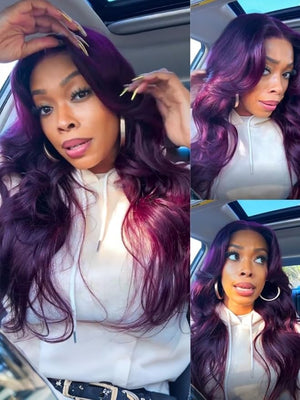 Nadula Bye Bye Knots Glueless Black Cherry Loose Body Wave Drawstring Wigs Human Hair with with Face Framing Bangs Pre Cut 7X5 HD Lace Front Wigs Pre Plucked Ready to Wear Wig 180% Density 16inch