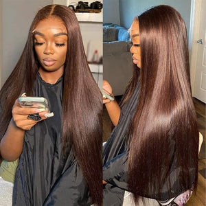 Hermosa 13x4 Chocolate Brown Lace Front Wigs Human Hair 180 Density Straight Brown Lace Frontal Human Hair Wigs Pre Plucked Hairline 4# Brown Color 30 Inch