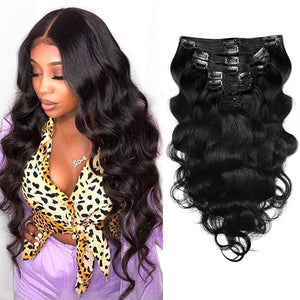 30Inch Clip in Hair Extensions Real Human Hair Body Wave 8Pcs Brazilian Human Hair Clip in Extensions with 18Clips Double Lace Weft 120g #1B Natural Black