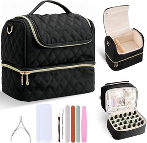 Nail Polish Organizer Case Double Layer Nail Storage Bag for 24 Bottles and UV/LED Lamp Portable Manicure Travel Case for Home Salon and Vacation Black