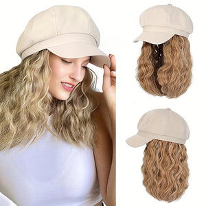 YEKEYI Beret Hat with Hair Newsboy Cap with Bob Hair Extensions Hat Wig Visor Beret Short Curly Wavy Hairpiece for Women