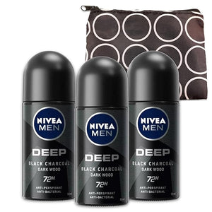 Nivea Deep Black Carbon Dark Wood Deodorant for Men - 3 Pack Roll-On Anti-Perspirant Deodorant Travel Size 50 ml Bundle with Travel Bag