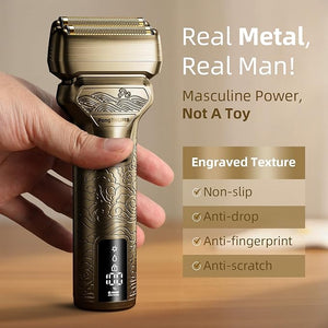 Electric Foil Shaver for Men: Rechargeable Razor with Push-Up Trimmer for Face - Cordless Wet/Dry/Anti-Slip Waterproof Shavers with LED Display - Metal Handheld Design Gold